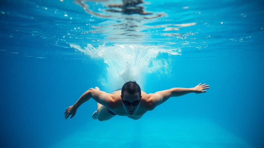 수영 선수가 물속에서 완벽한 유선형 자세를 유지하며 스트로크 효율을 극대화하는 모습