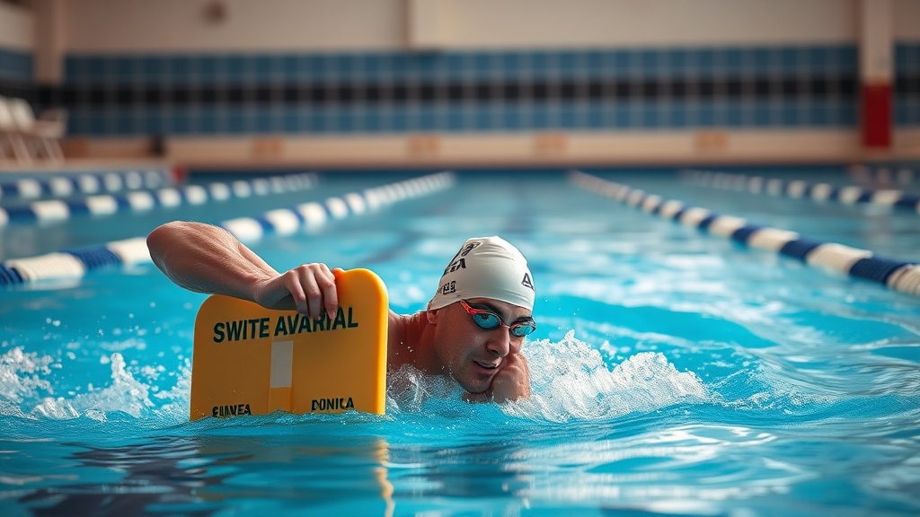 수영장에서 드릴 훈련을 위해 킥보드를 잡고 연습하는 사람의 모습