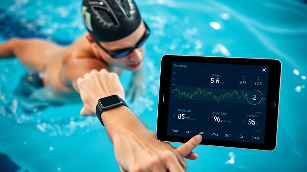 수영용 스마트워치를 통해 스트로크 레이트와 페이스 데이터를 분석하는 모습