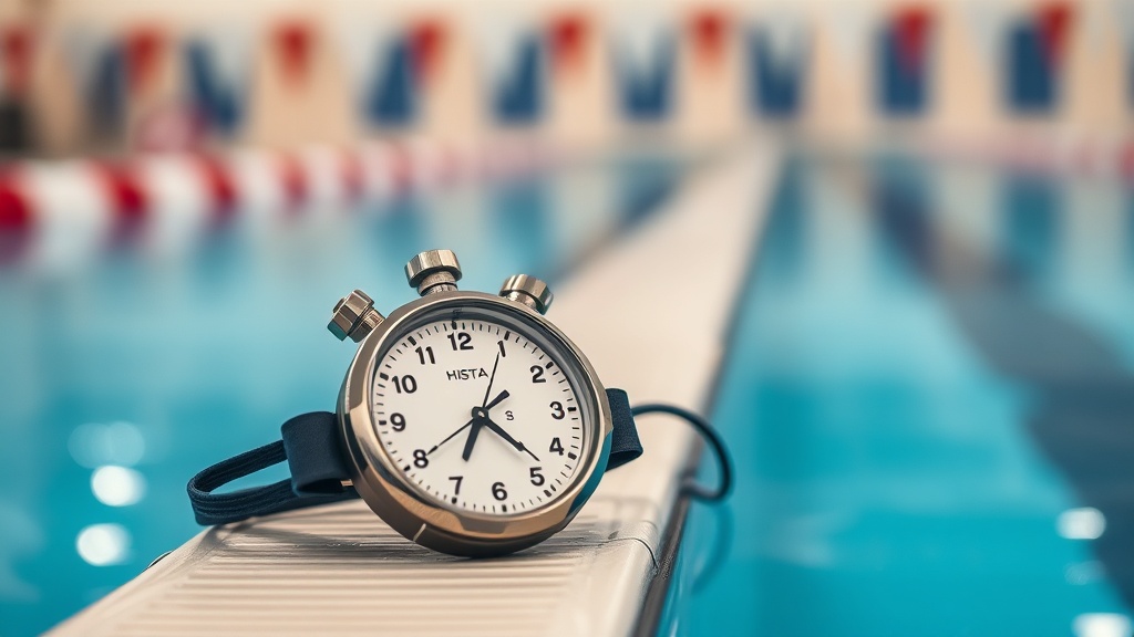 수영 기록 측정을 위한 초시계와 수경이 수영장 데크에 놓여있는 모습